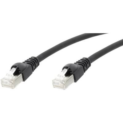 Černý ethernetový kabel se dvěma konektory RJ45, který se používá pro připojení síťových zařízení.