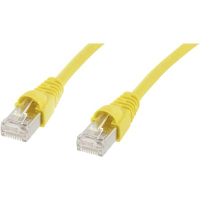 Žlutý ethernetový kabel se dvěma konektory RJ-45, používaný pro připojení počítačů k sítím pro přenos dat.