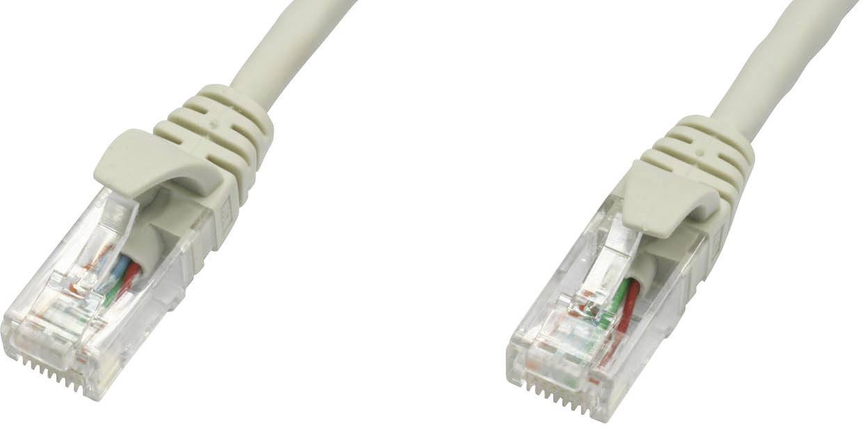 Dva béžové ethernetové kabely s průhlednými konektory, které odhalují vnitřní vodiče, leží vedle sebe na bílém pozadí.