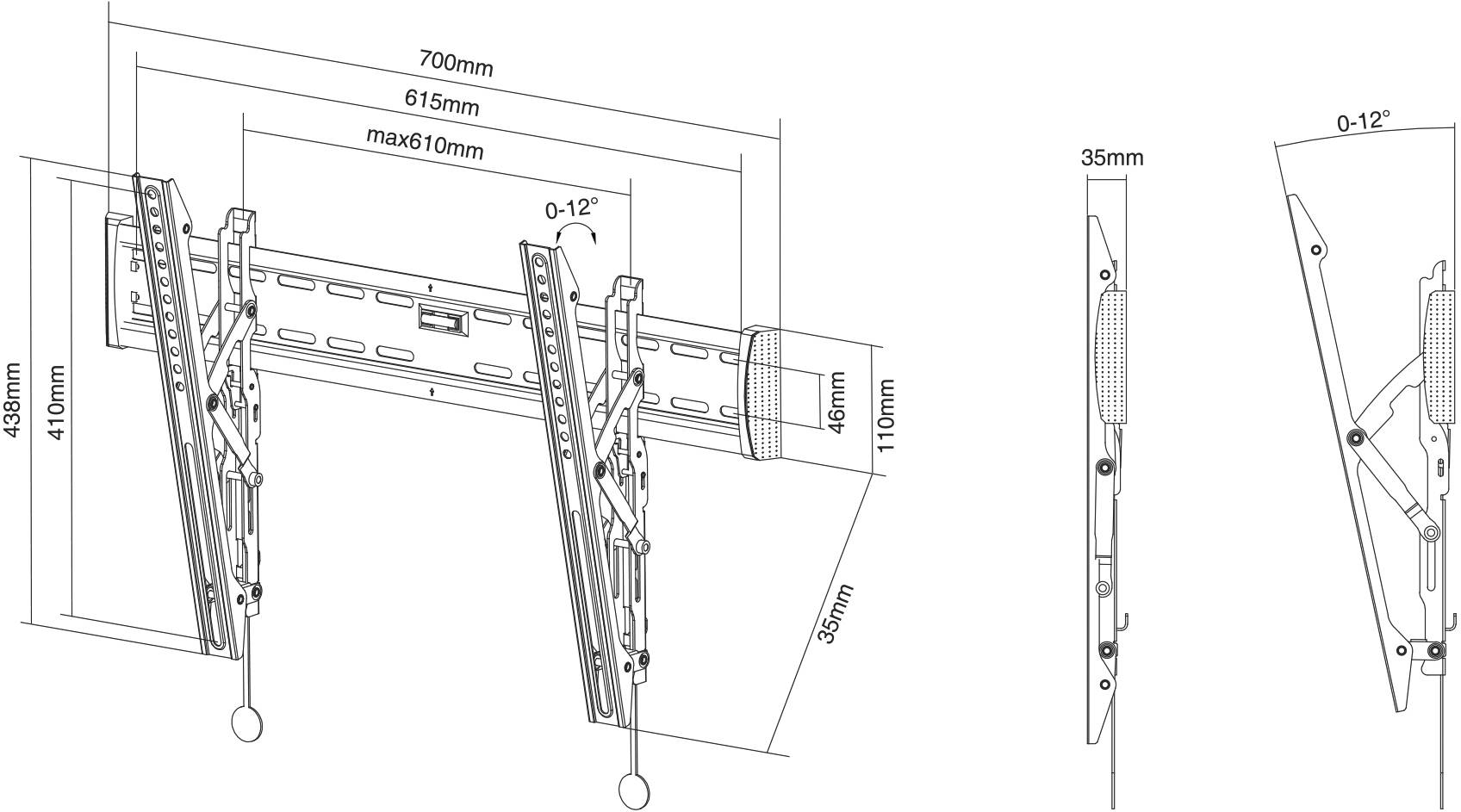 Montážní výkres nástěnného držáku s úhlem naklonění 0-12°, délkové údaje v milimetrech: 700 mm, 615 mm, max 810 mm.