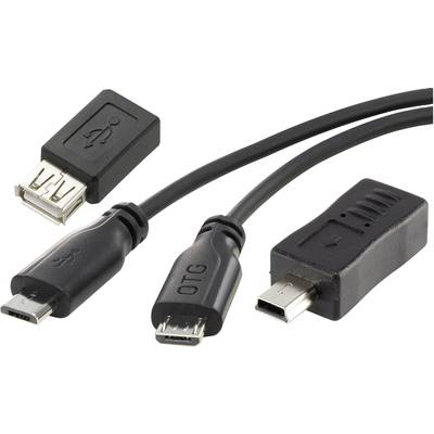 Obrázek ukazuje různé USB adaptérové kabely s různými konektory, včetně mikro-USB a standardního USB, určené pro OTG připojení.