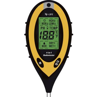 Digitální 4v1 tester půdy ukazuje pH hodnotu, teplotu, vlhkost a úroveň světla. Displej zobrazuje pH '7,5', teplotu '18°C'.