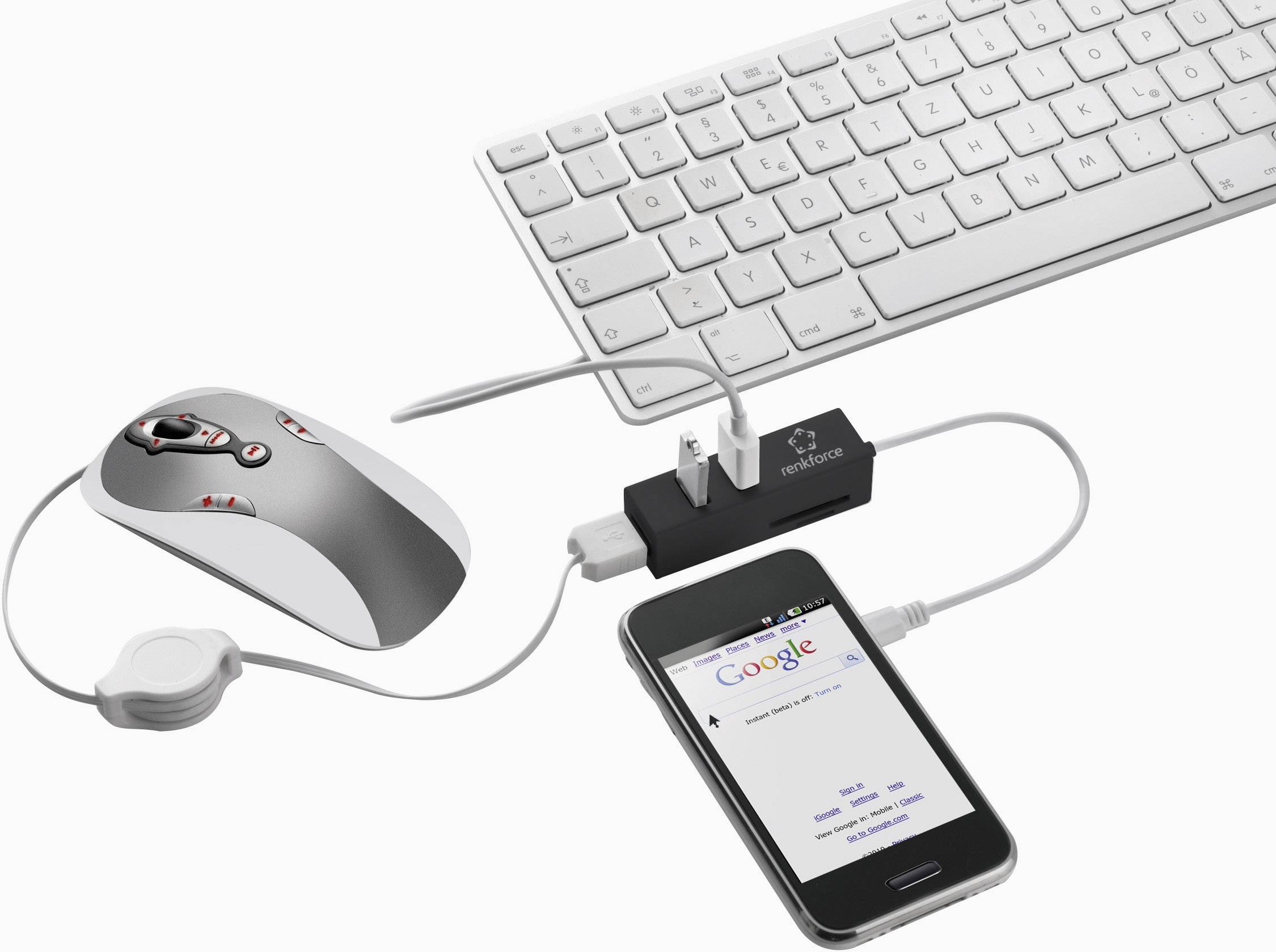 Počítačová myš a klávesnice jsou připojeny k smartphone, který zobrazuje vyhledávací stránku Google, prostřednictvím USB hubu.