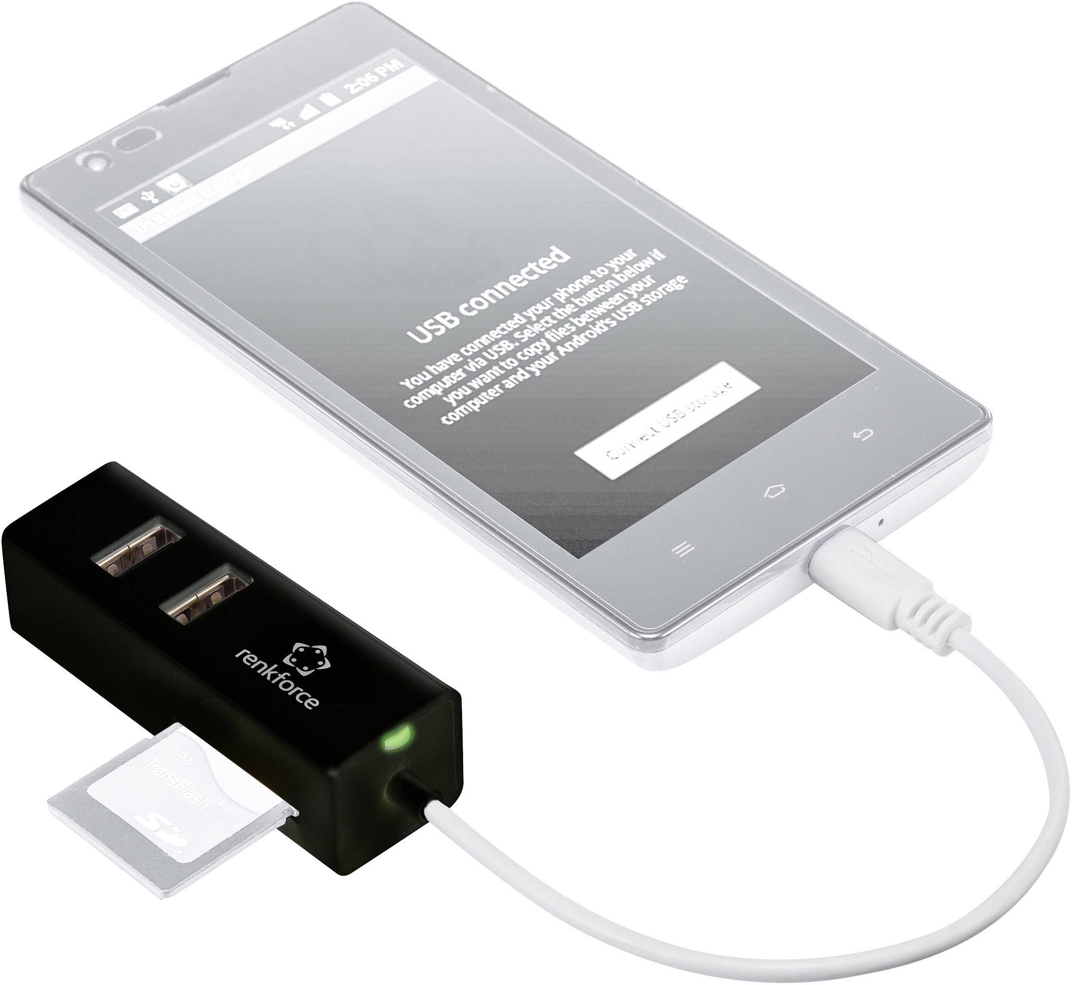 Smartphone je připojeno přes USB kabel k adaptéru, který má dva USB porty a čtečku SD karet.