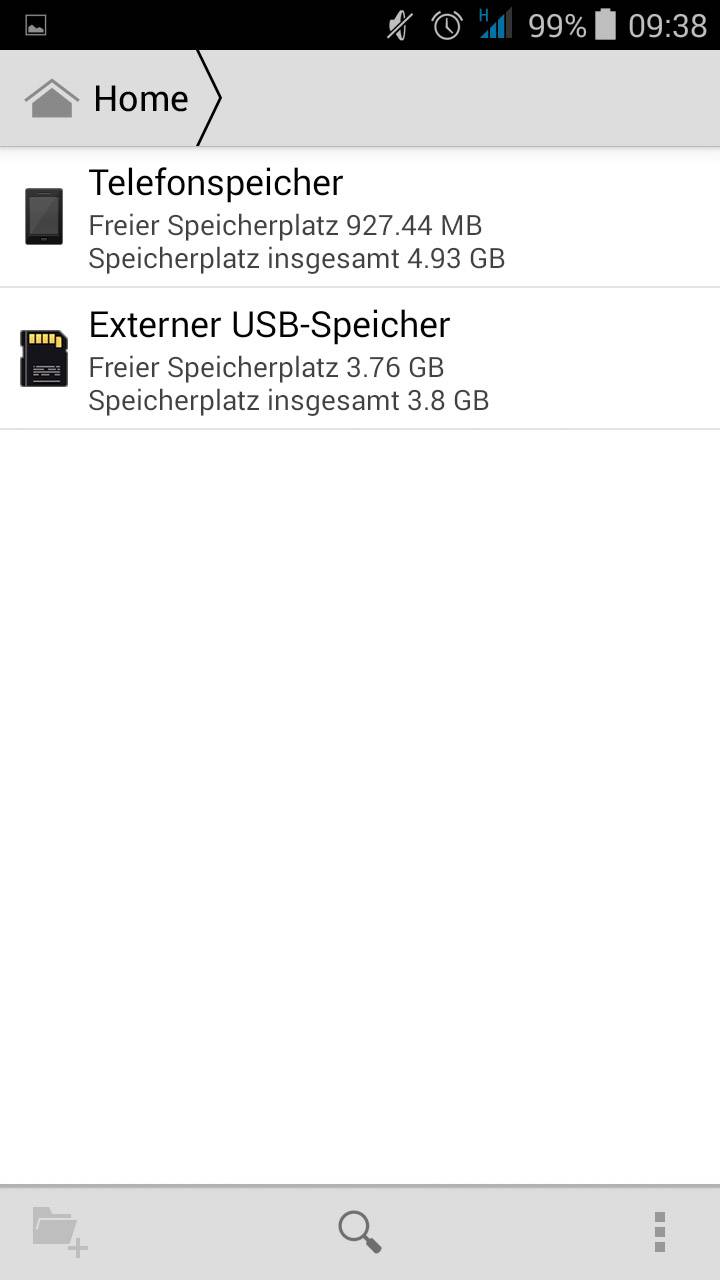 Paměť telefonu: Volné místo 927,44 MB z celkových 4,93 GB. Externí USB úložiště: Volné místo 3,76 GB z celkových 3,8 GB.