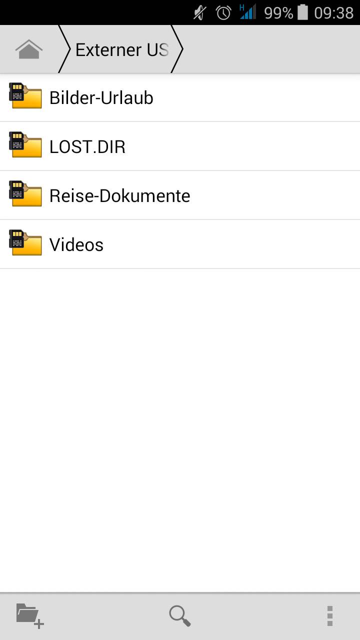 Externí přehled USB složek na smartphonu se čtyřmi složkami: 'Obrázky-Dovolená', 'LOST.DIR', 'Cestovní dokumenty', 'Videa'. Nahoře zobrazen stav baterie a čas.