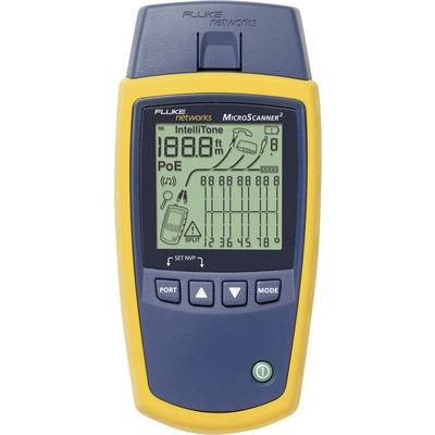 Ruční přístroj, Fluke MicroScanner2, zobrazuje měřená data na displeji. Text na displeji: 'POE', '188,8 ft'. Přístroj má vstupy a tlačítka.