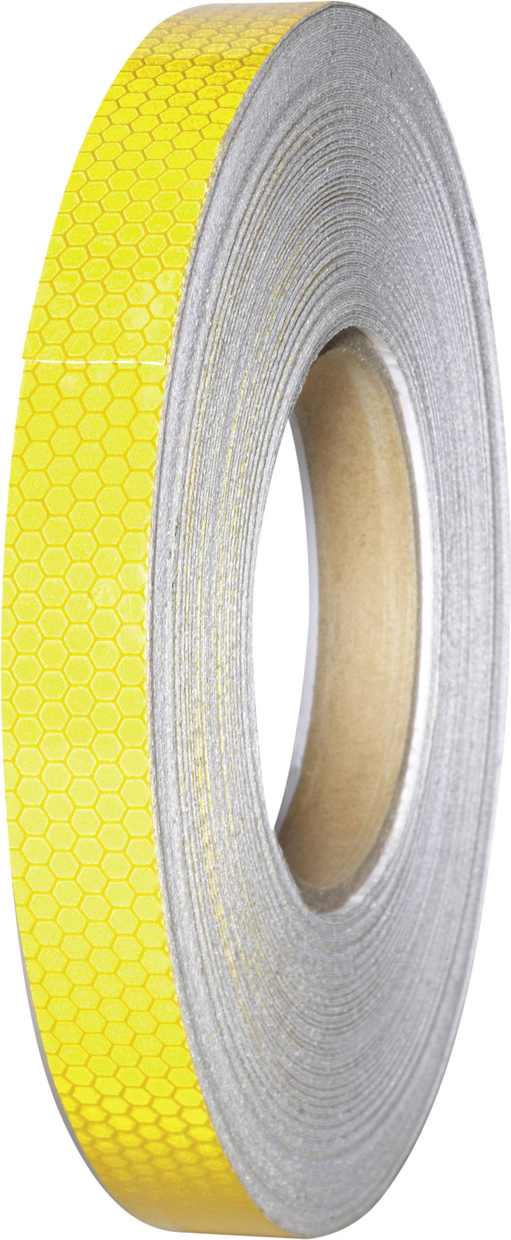Žluté reflexní lepicí pásky na roli, pohled z boku. Ukazuje šestiúhelníkový vzor a je vhodné pro bezpečnostní a značkovací účely.