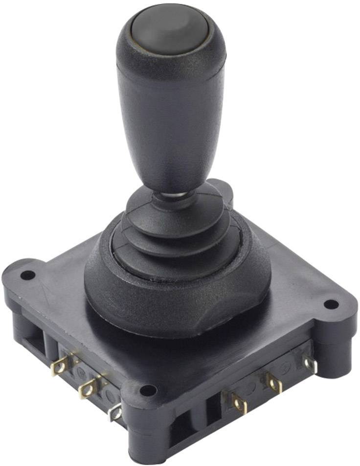 Černý joystick s kulatou rukojetí na čtvercové základně.