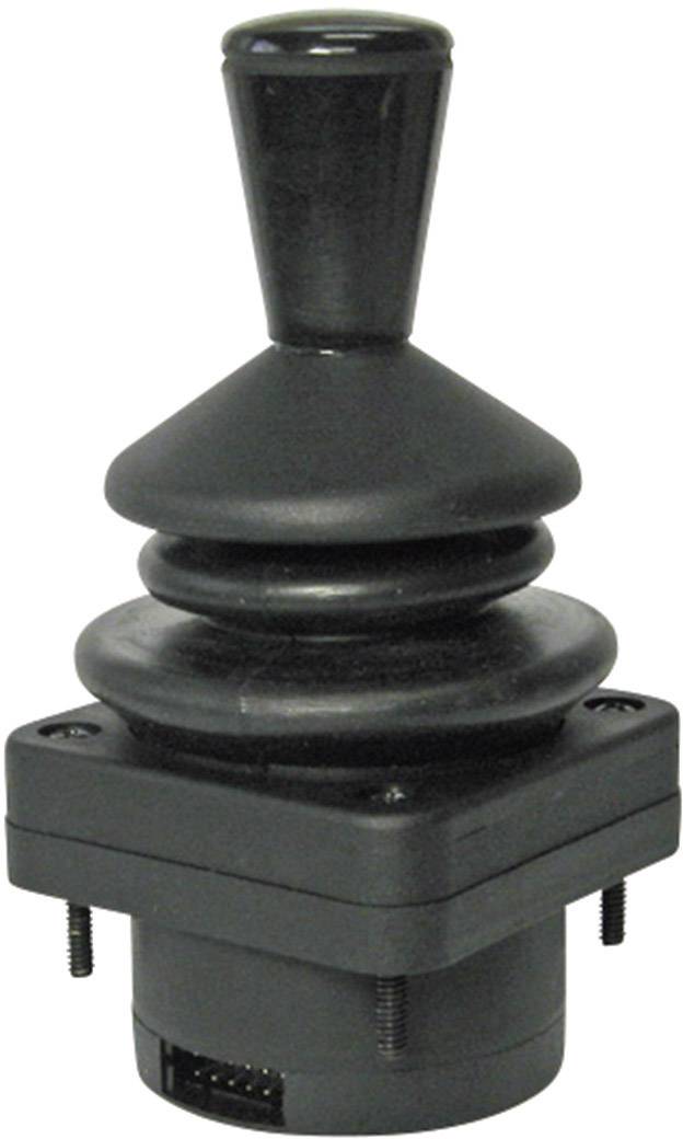 Černý joystick s kuželovitou rukojetí, namontovaný na čtvercové základně. Používá se pro ovládací účely.