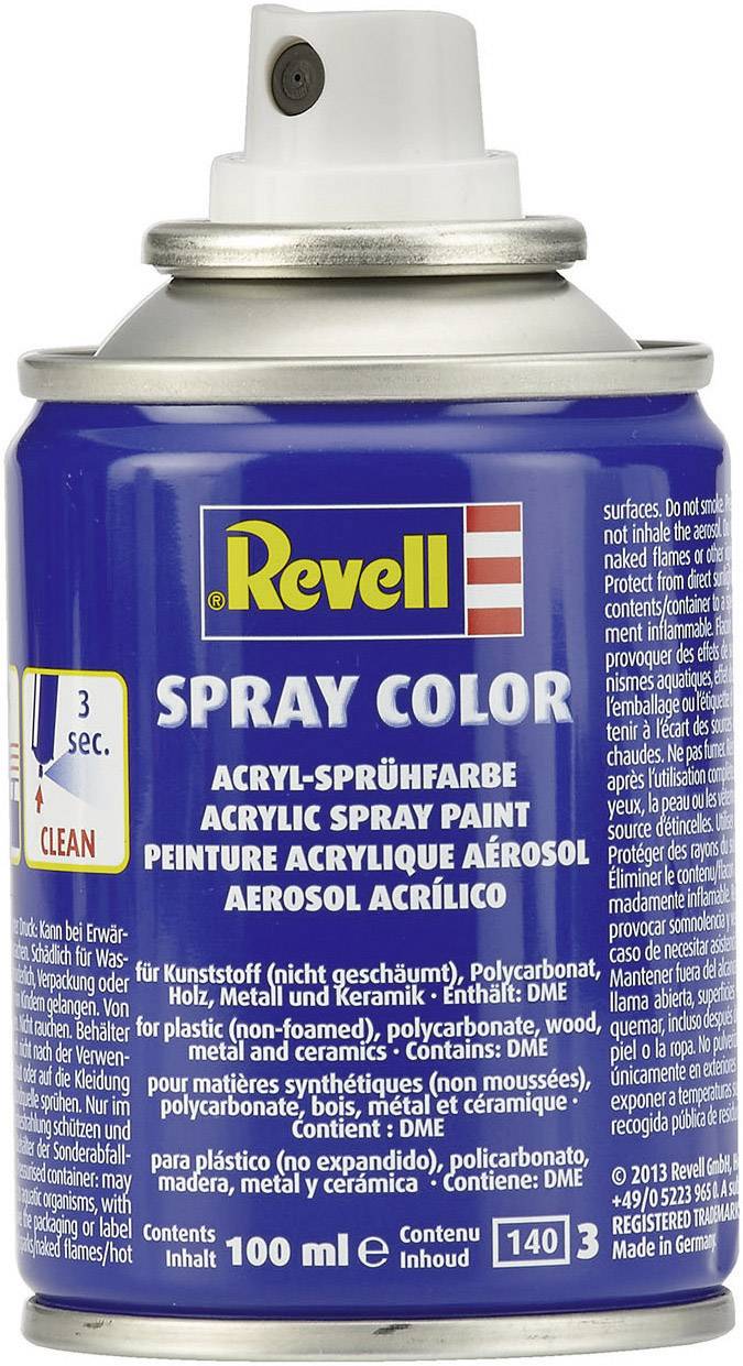Sprej s 100 ml barvy Revell. Obsahuje akrylovou barvu vhodnou pro plast, dřevo a kov. Modrá nádoba s bílým nápisem.