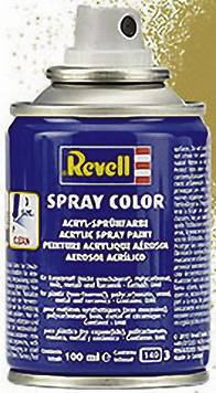 Sprej od Revell s modrým štítkem, nápis 'SPRAY COLOR'. Obsahuje 100 ml akrylového laku.