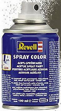Modrý sprej značky 'Revell' s nápisem 'SPRAY COLOR' a detaily o složení.