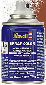 Sprej s modrou etiketou s nápisem 'Revell Spray Color'. Obsahuje akrylovou barvu a je vhodný pro modelářské aplikace.