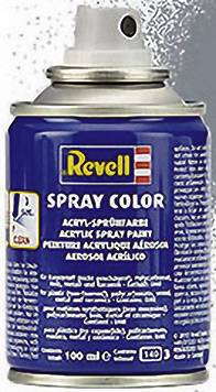 Sprej s nápisem 'Revell Spray Color'. Obsahuje akrylovou barvu, 100 ml, určeno pro umělecké a modelářské použití.