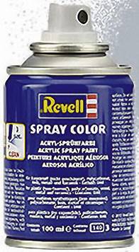 Modrý sprej Revell s žlutým a bílým textem. Nádoba obsahuje 100 ml akrylové barvy.