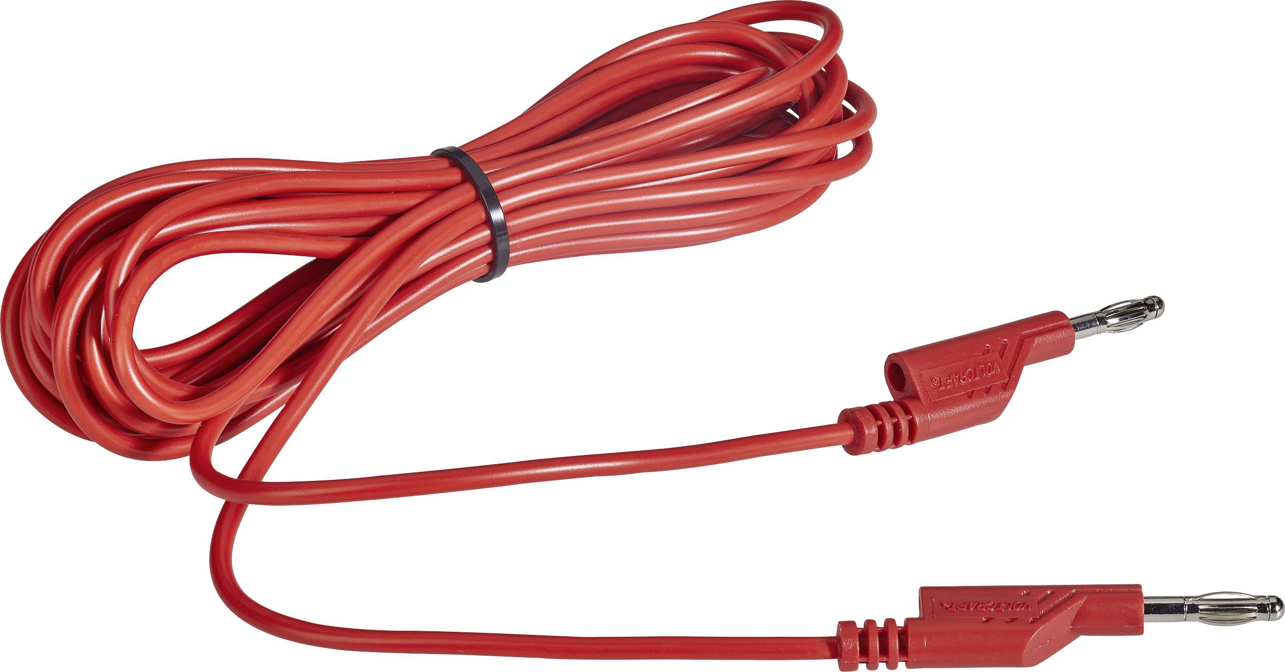 Dlouhý, červený měřicí kabel se dvěma konektory. Ideální pro použití v elektrických měřicích přístrojích a laboratorních aplikacích.