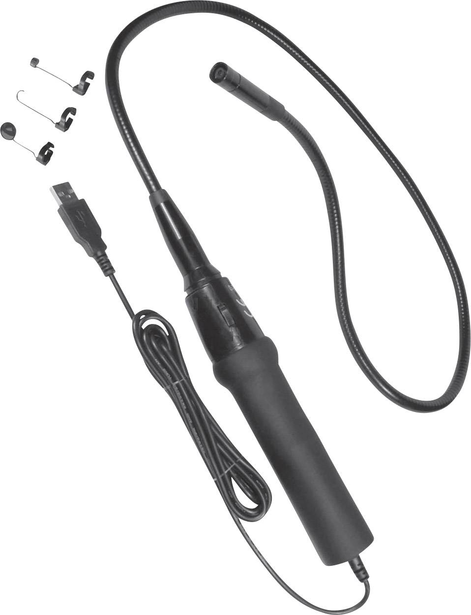 Černá USB endoskopická kamera s flexibilním kabelem a příslušenstvím. Ideální pro inspekci obtížně dostupných míst.