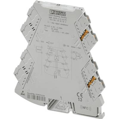 Šedá elektronická komponenta od Phoenix Contact, model MINI MCR-SL-R-UI-2P. Nahoře jsou viditelné oranžové konektory.