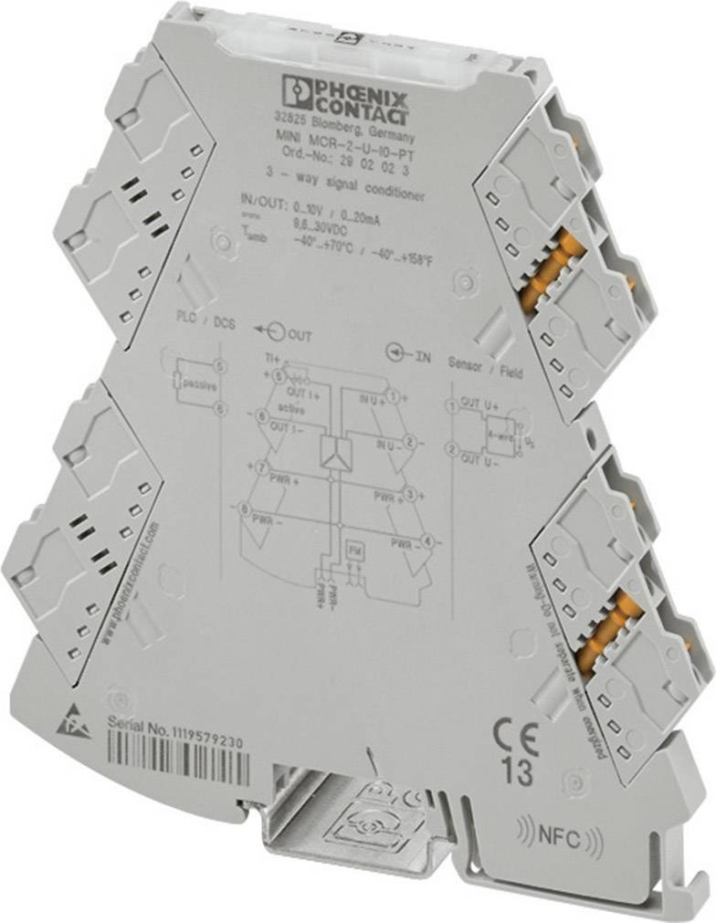 Šedý trojúhelníkový elektronický modul od společnosti Phoenix Contact, označený technickými specifikacemi a s přípojkami na bocích.