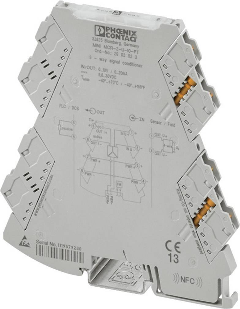 Elektronické zařízení od Phoenix Contact, model MINI MCR-2-UI-PT, určené pro kondicionování signálu, s několika vstupy a popiskami.