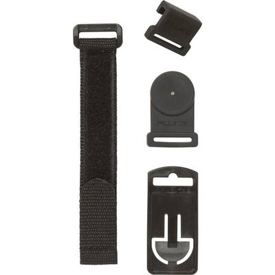Čtyři černé plastové držáky a suchý zip používané pro správu kabelů nebo upevnění měřicích přístrojů.