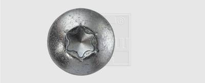 Detailní záběr stříbrného kovového šroubu Torx ukazuje hvězdicovitý otvor.