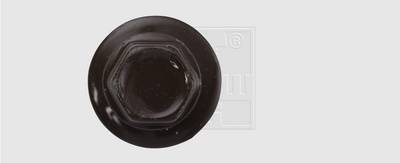 Pohled shora na černou šestihrannou matici na bílém pozadí.