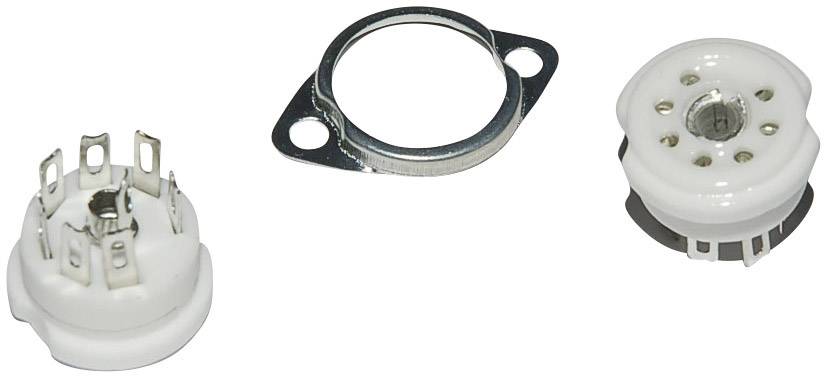 Patice pro oktálové elektronky s odpovídajícími upevňovacími svorkami: vlevo keramická patice s vývody, vpravo svorka pro upevnění.