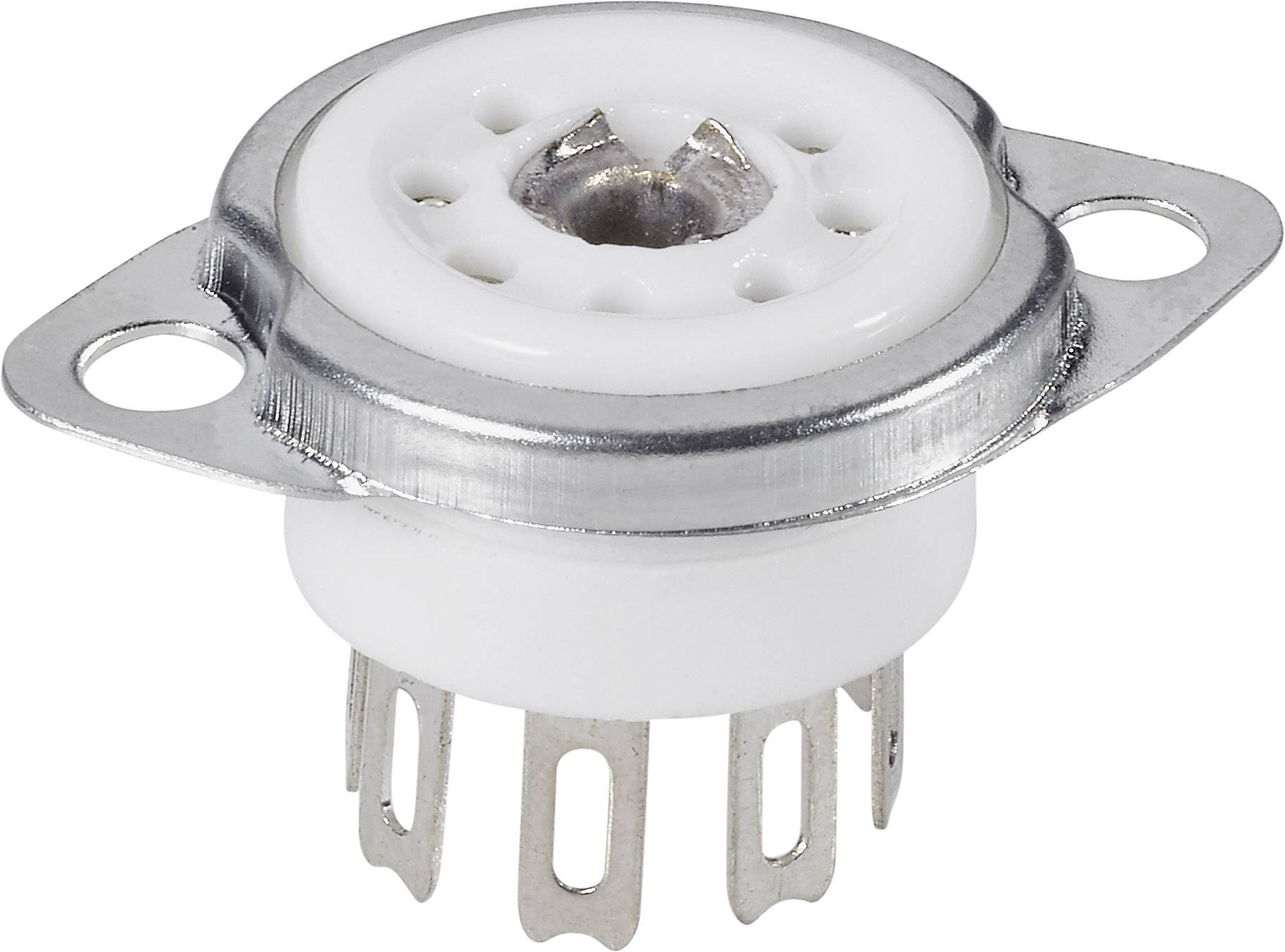 Bílý a stříbrný sokl pro elektronické trubice s osmi kovovými kolíky a dvěma upevňovacími jazýčky.