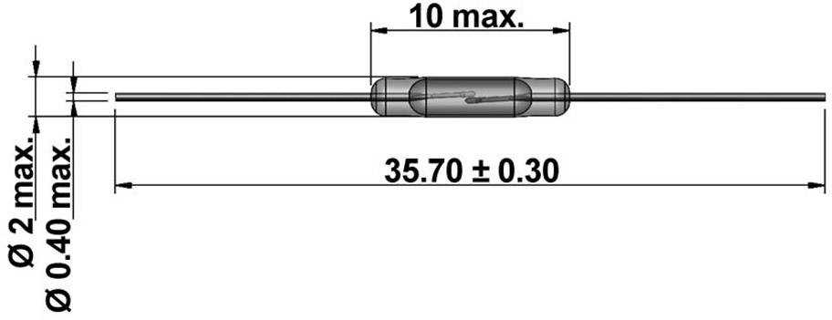 Diagram válcové součásti s rozměry: délka 35,70 ± 0,30 mm, maximální průměr 10 mm, vedení Ø 0,40 mm.
