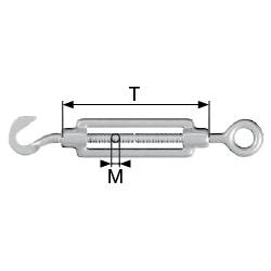 Napínací zámek s hákem a okem. Šipky ukazují délkové rozměry 'T' a 'M'. Mechanismus pro nastavení napětí.