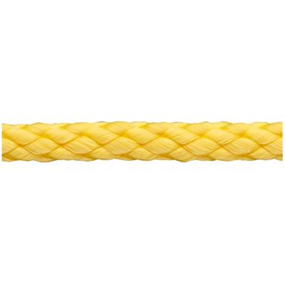Propletené žluté lano ze syntetického materiálu, zobrazené horizontálně.