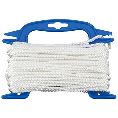 Bílá šňůra navinutá na modrém plastovém držáku, která je pravděpodobně uchovávána pro rychlé a snadné odvíjení.