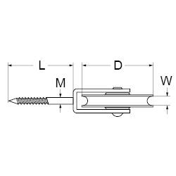 Diagram šroubu se stoupavým závitem v boční perspektivě s rozměry: L pro délku, D pro průměr, M pro vnější rozměr a W pro šířku.