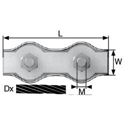 Diagram řetězového spoje s rozměry délky (L), šířky (W), průměru čepu (Dx) a rozměry závitu (M).
