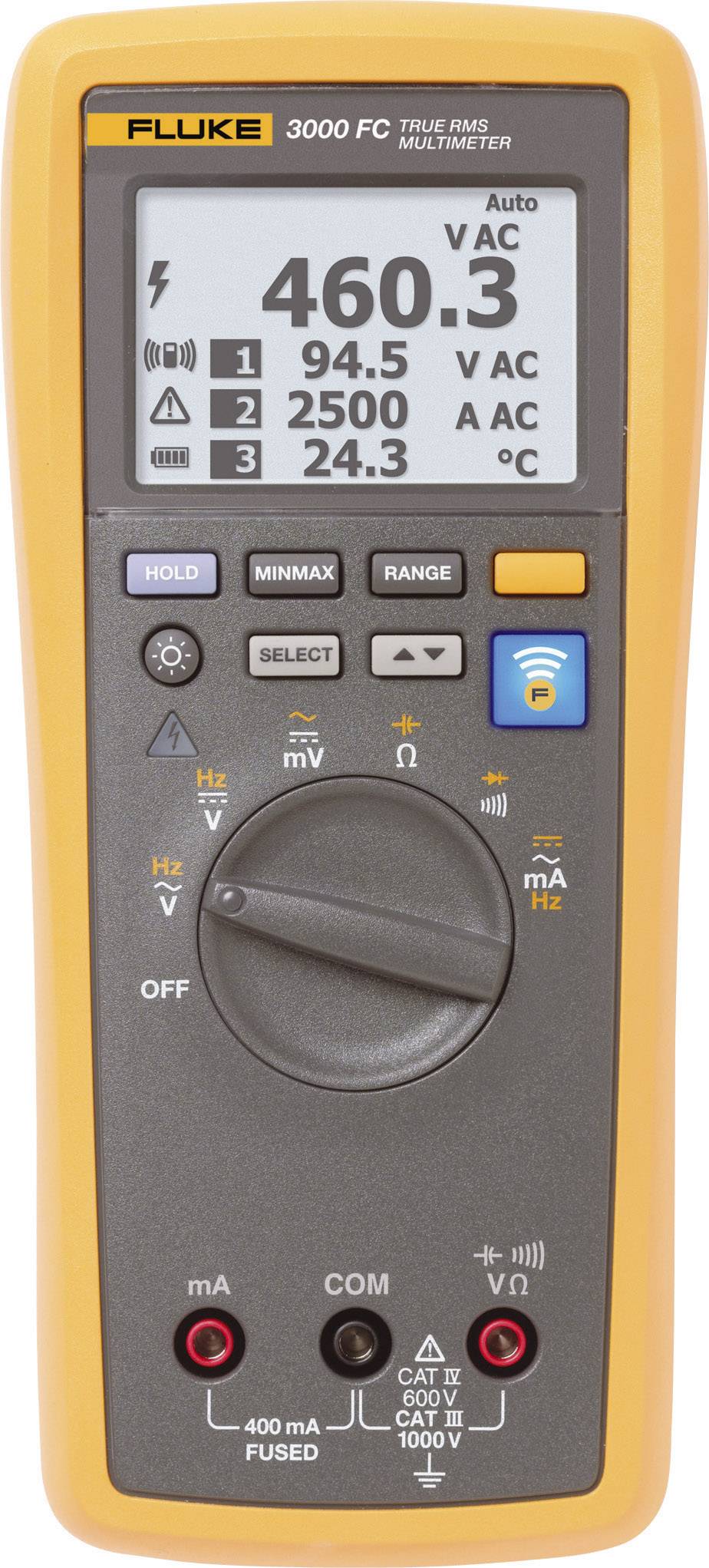 Digitální multimetr v žluté a šedé barvě s displejem: '460,3 V AC', '94,5 A', '2500 Hz', '24,3 °C'. Tlačítka pro různé funkce.