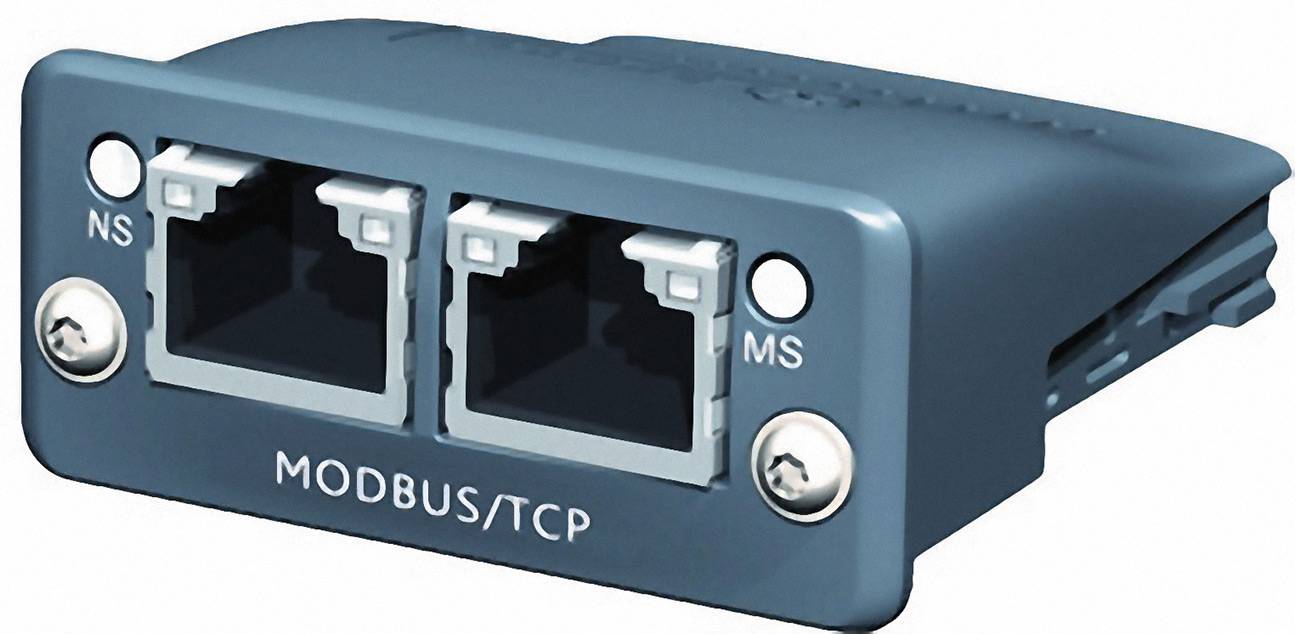 Dvoitý modul pro komunikaci Modbus/TCP se dvěma ethernetovými rozhraními, v modrém plastovém pouzdře.