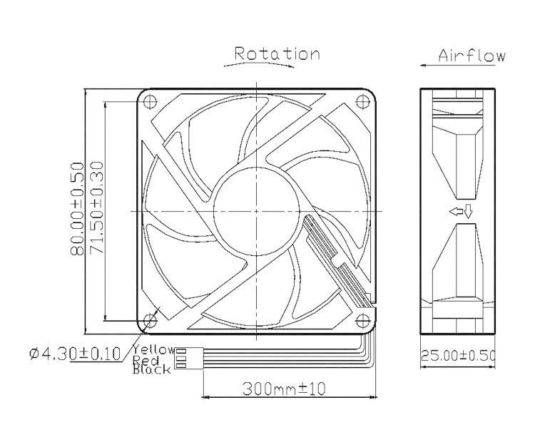 Technický výkres ventilátoru s rozměry: 80x80x25 mm. Popisy znázorňují směr proudění vzduchu a připojení kabelů.