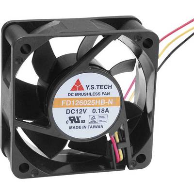 Černý, čtvercový počítačový ventilátor s etiketou "DC12V, 0.18A, Made in Taiwan". Trojvodičové připojení je viditelné.