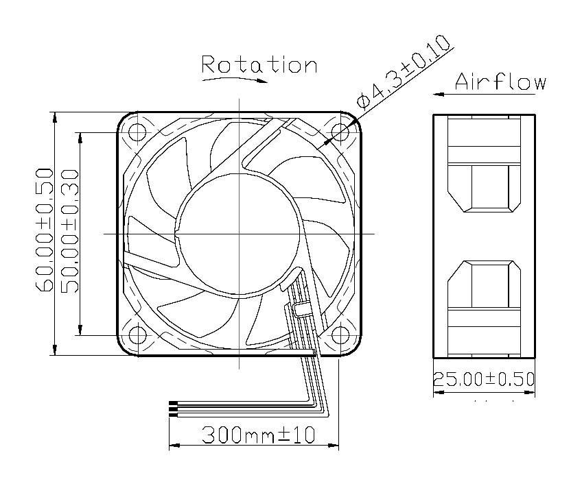Technický výkres ventilátoru s rozměry: 60x50 mm v čelním pohledu, hloubka 25 mm. Popis: Rotace, Průtok vzduchu.