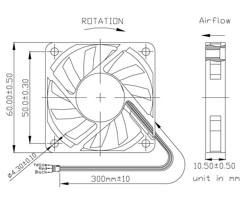 Technický výkres ventilátoru s rozměry: 60x60x10,5 mm. Šipky znázorňují rotaci a směr proudění vzduchu. Kabely: Žlutý, Červený, Černý.