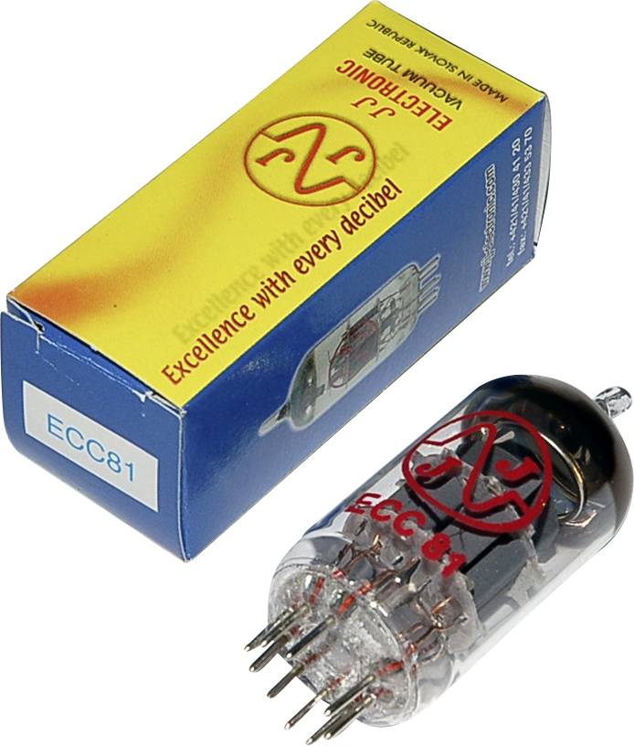 Elektronková lampa ECC81 vedle modro-žluté krabičky s nápisem 'Excellence with every decibel' nahoře.