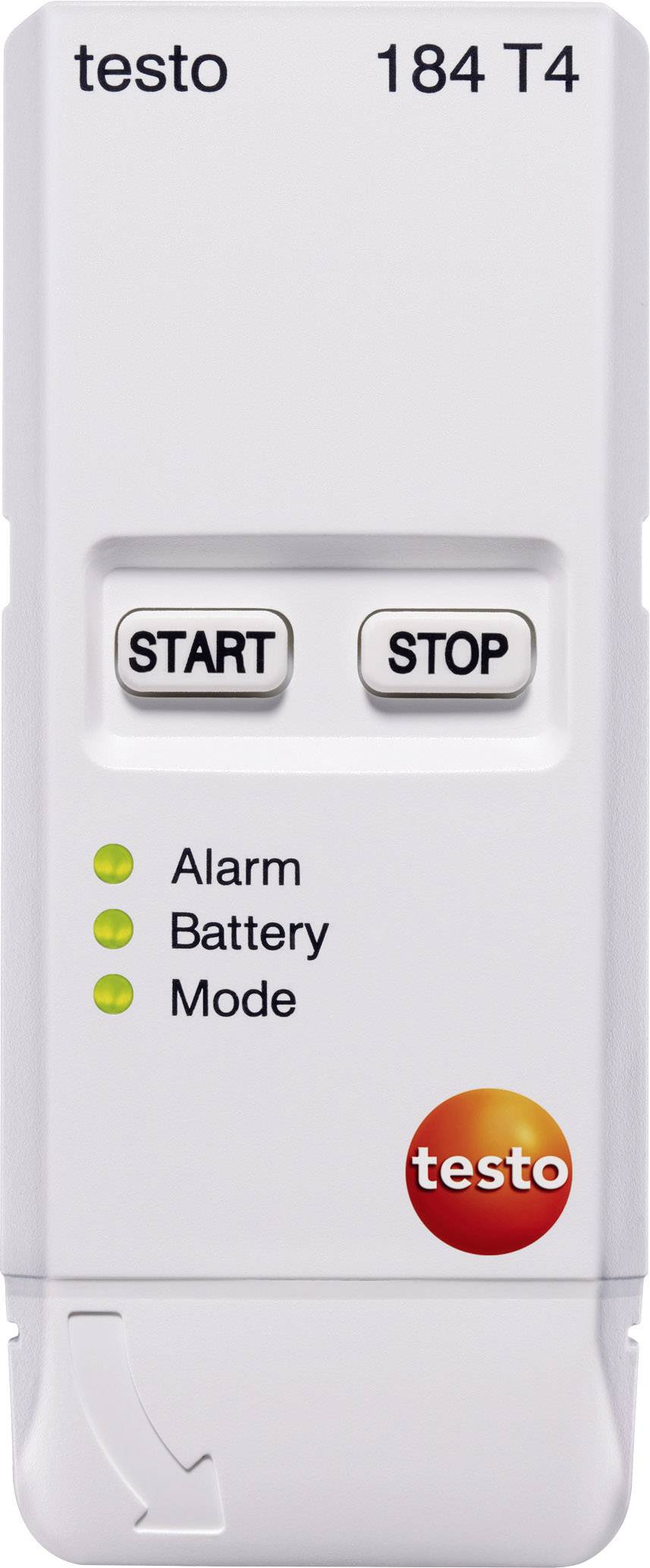Teplotní datalogger s tlačítky 'Start' a 'Stop', LED indikátory pro alarm, baterii, režim a logo, vhodný pro monitorování přepravních podmínek.