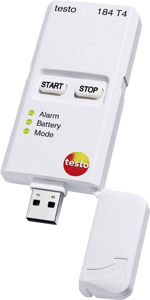 USB teplotní datalogger s tlačítky 'START' a 'STOP', LED indikátory pro alarm, baterii a režim. Značka: Testo, Model: 184 T4.