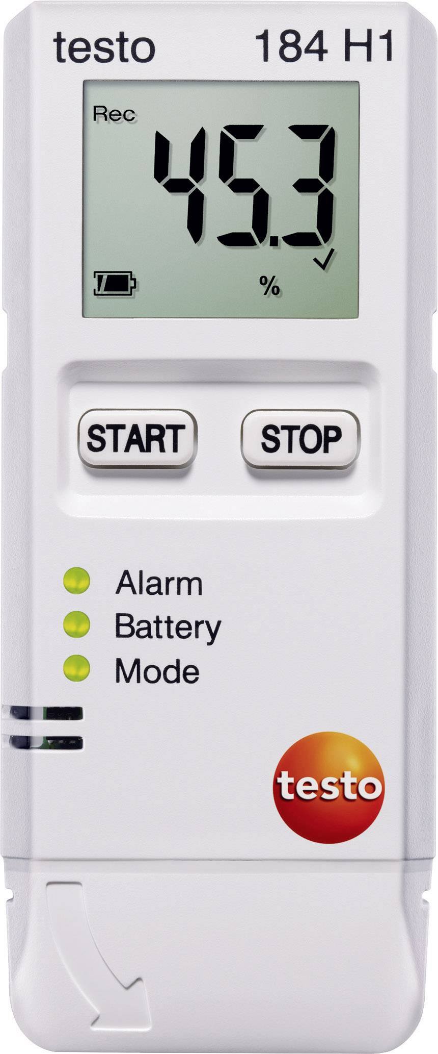 Teplotní a vlhkostní datalogger s displejem ukazuje vlhkost 45,3 %. Tlačítka pro start a stop jsou viditelná.