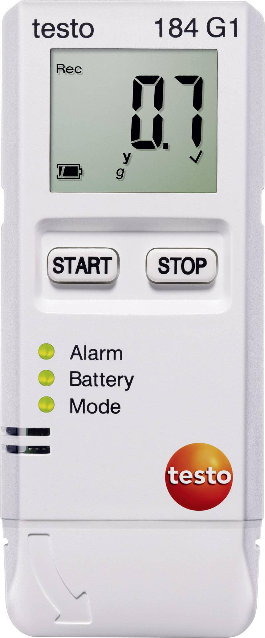 Přenosný shock datalogger 'testo 184 G1' s digitálním displejem. Zobrazuje 0,7 g. Tlačítka 'START' a 'STOP'. Symboly pro alarm, baterii a režim.