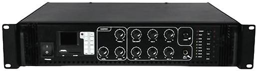 Černý audiovzesilovač v rack formátu s několika ovládacími prvky a malým displejem na levé přední straně.