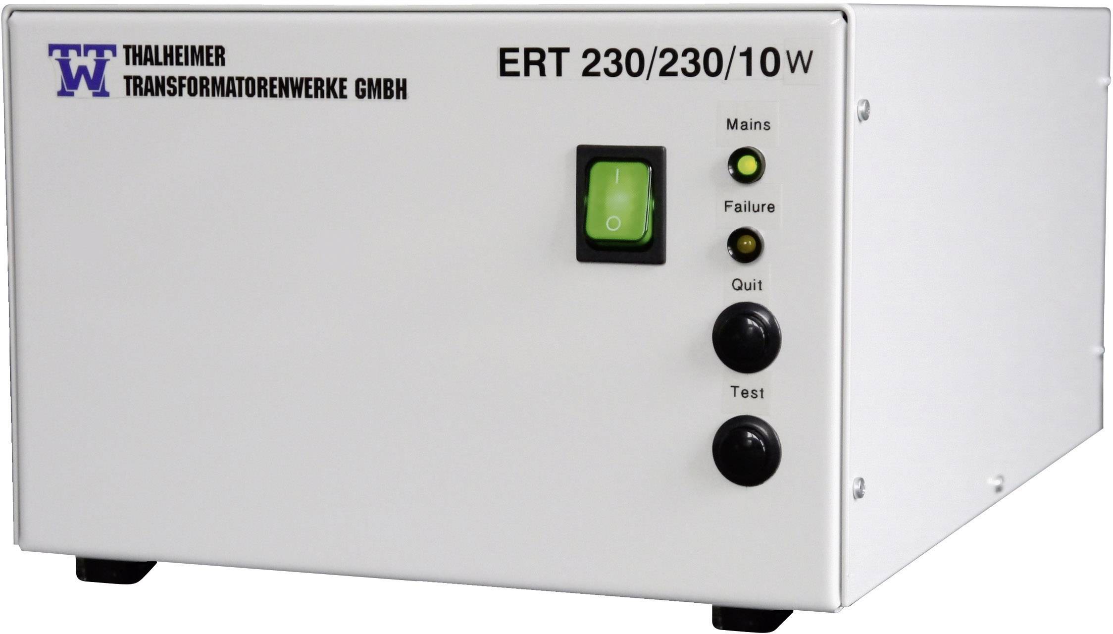 Transformátor 'ERT 230/230/10W' od společnosti Thalheimer Transformatorenwerke GmbH s tlačítky pro Síť, Poruchu, Zrušení a Test.
