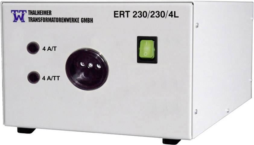 Obrázek zobrazuje elektrické zařízení společnosti Thalheimer Transformatorenwerke GmbH s označeními '4 A/T' a 'ERT 230/230/4L'. Je viditelný zelený spínač.